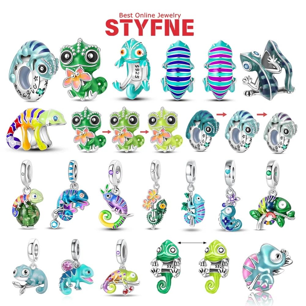Original Charms 925 Silver Color Changing Chameleon Beads Pendants Fit Bracelets Bag Keychain Cute Lizard Jewelry Gift for Women