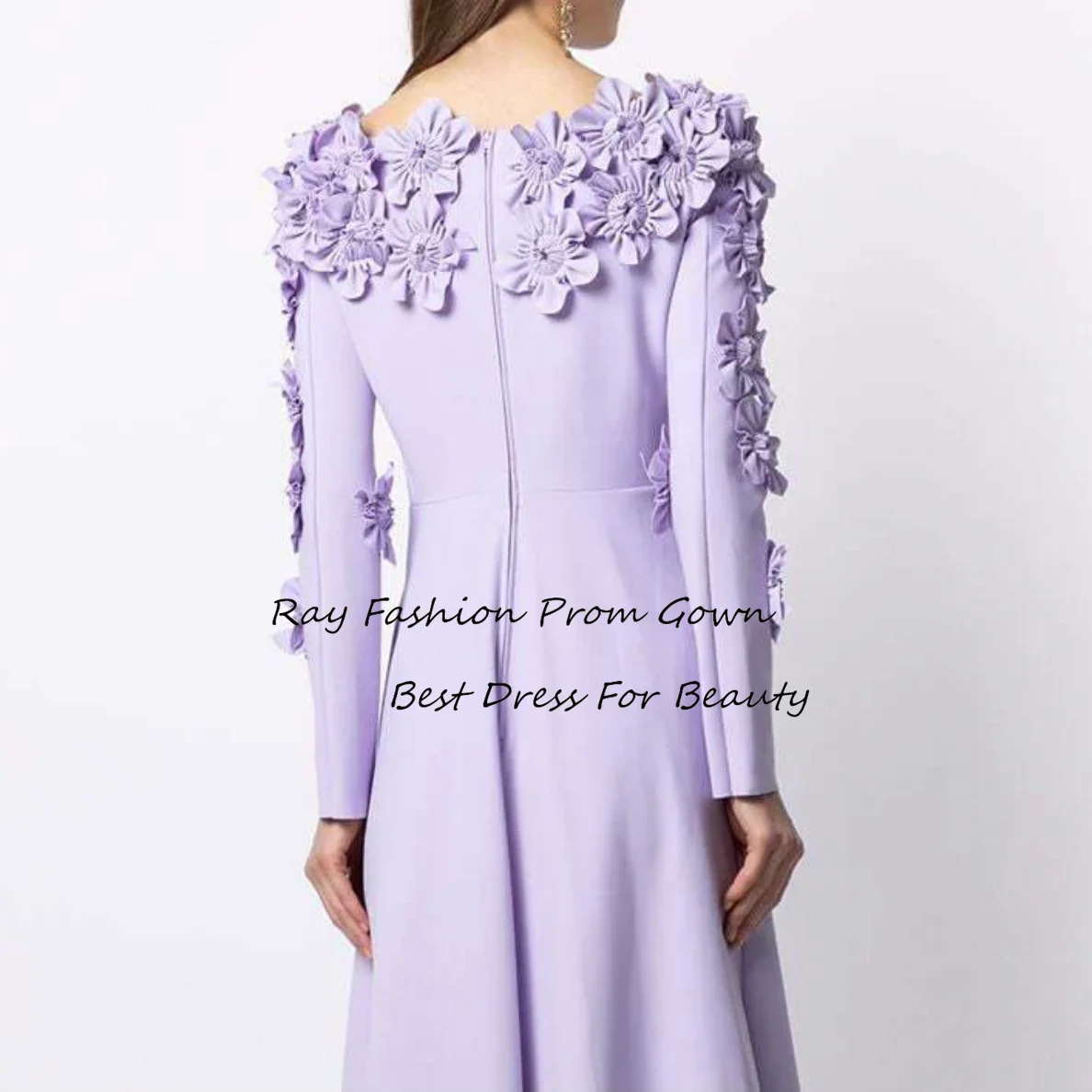 Ray Fashion A Line Evening Dress Boat Neck Full Sleeves With Flowers Tea Length For Women Formal Occasion Party Gown فساتين سهرة