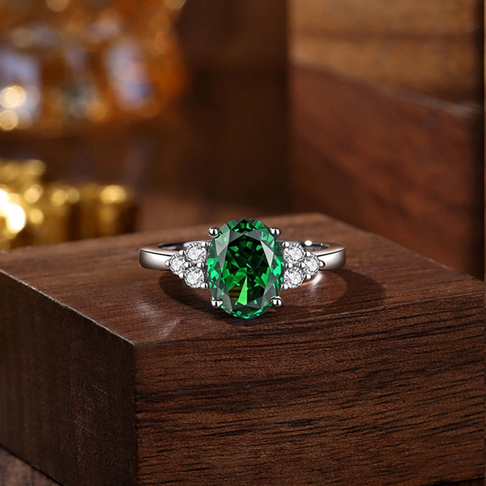 خاتم الخطوبة من الفضة الإسترليني S925 للنساء |   7 × 9 ملم بيضاوي من الياقوت الزمردي عالي الكربون الماسي |   هدية مجوهرات رائعة