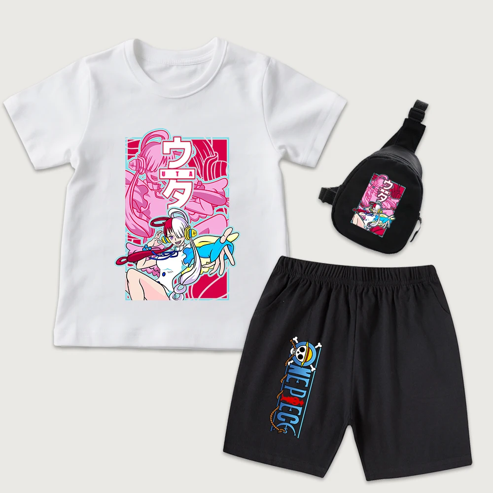 One Piece Uta Anime Print Cotton T Shirt Shorts Mini Chest Bag 3 Piece Set for Kids Boys Girls Summer Casual Outfit view 2
