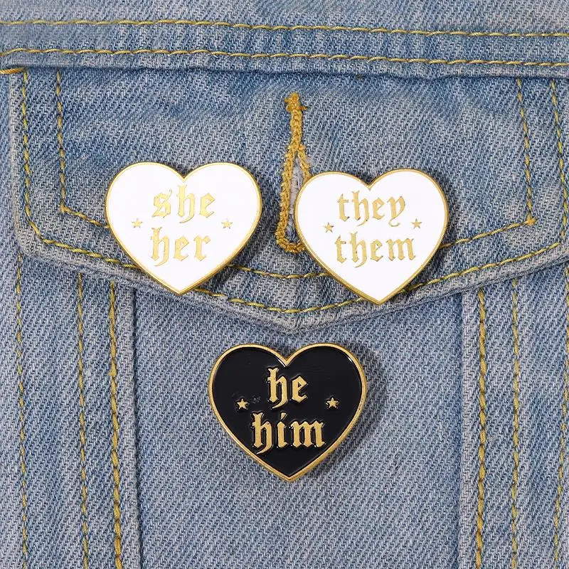 

Heart Shape Pronouns Enamel Pins He Him She Her They Them Custom Brooch Lapel Badges Simple Black White Jewelry Gift for Friends