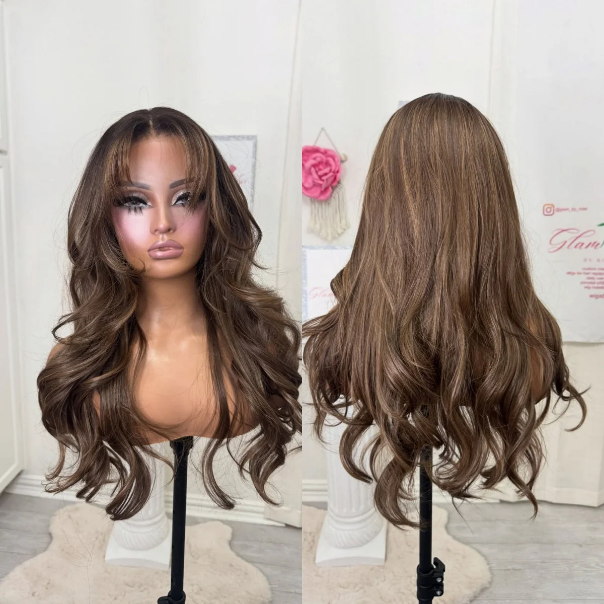 

20 Inches New Style Ombre Brown Synthetic Highlights HD Lace Front Wig With Bangs For Women Good Quality Wig Daily Party Used