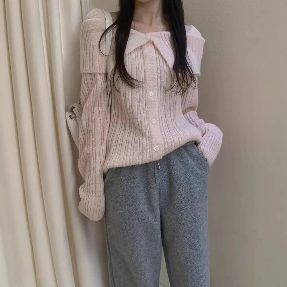 Spring Miel26 Double-Sided Knitted Cardigan Shoulder Bared Women's Wool Alpaca Wool Casual Style Long Sleeve V-Neck Top