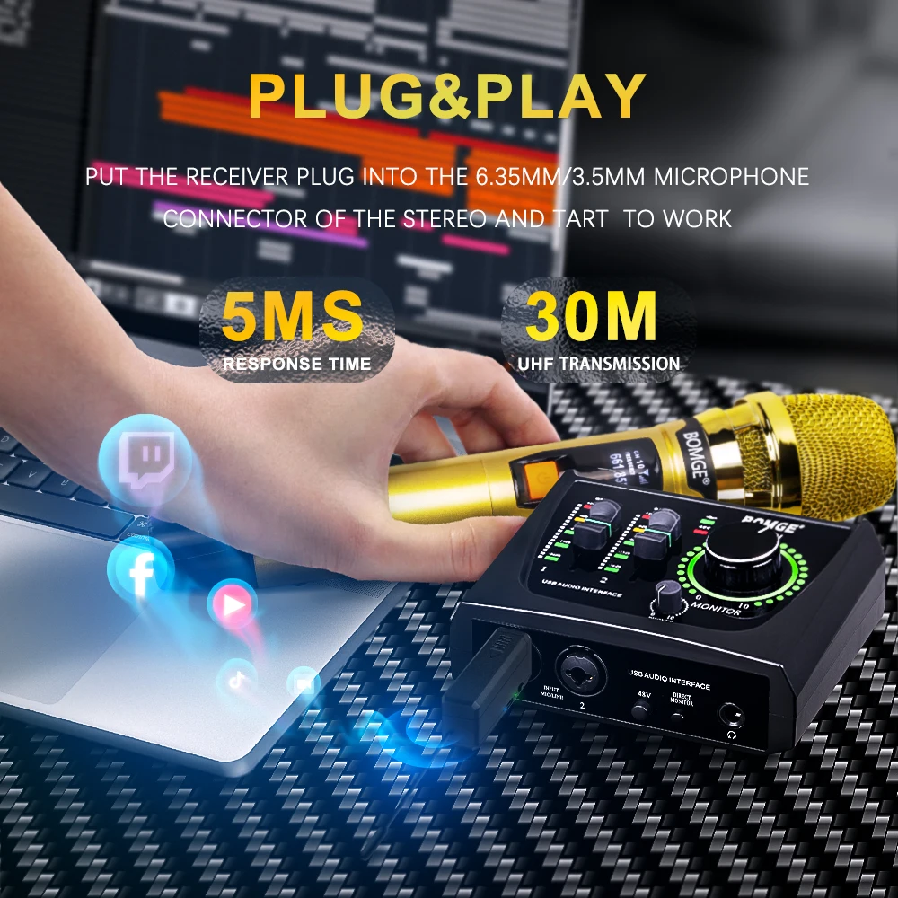 Sistem Mikrofon Nirkabel Karaoke DJ 2 Saluran Profesional dengan Penerima Isi Ulang Nirkabel Mikrofon Emas Terang untuk DJ Pesta