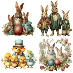 Antique Easter Rabbit and Flower Pattern DIY Heat Transfer Clothing Hot Cute Rabbit Sticker Decorative Printing
