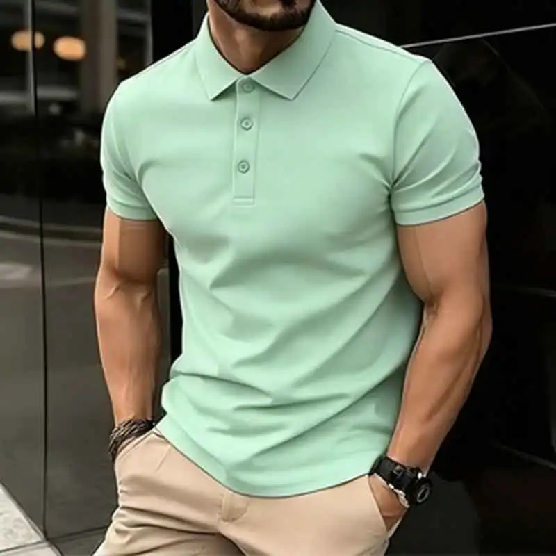 Men Business Casual Short Sleeve Summer Fashion Urban Style Breathable Flip Collar T-Shirt Comfortable Solid Color POLO Shirts