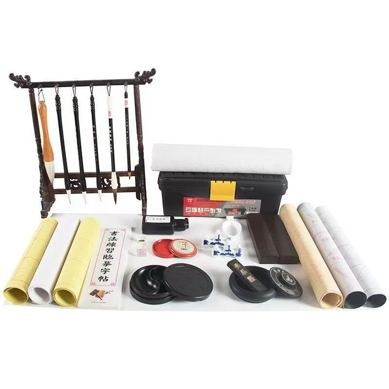 Complete Chinese Calligraphy Set with Brushes Ink Stick Inkstone Paper Brush Rest and Seal, 21 to 32 Piece Four Treasures of