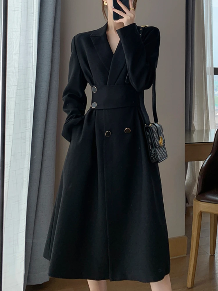 Women\'s Spring Autumn Casual Elegant Midi Black Dress Long Sleeve A-Line Party Vestidos Female Fashion Korean Outwear Clothes