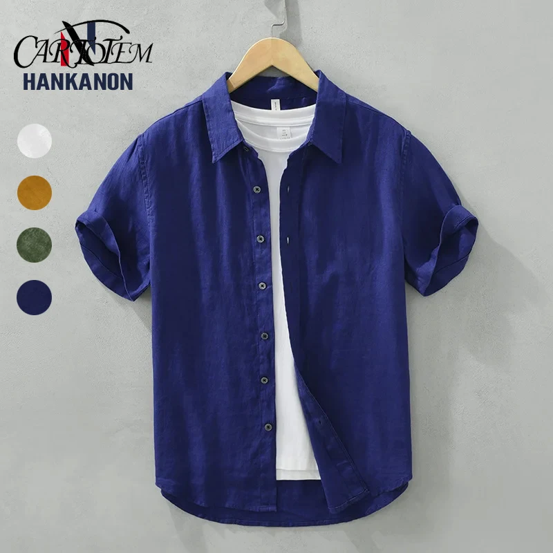 

Льняная рубашка, мужская летняя свободная дышащая рубашка с короткими рукавами, художественная повседневная однотонная рубашка