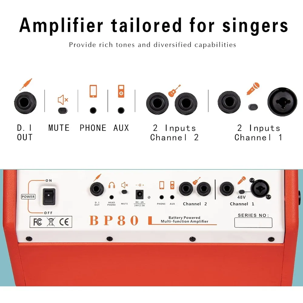 BP80 Battery Powered Acoustic Guitar Amplifier- Portable Bluetooth Speaker 100W, 6 Inputs,3 Band EQ,Orange