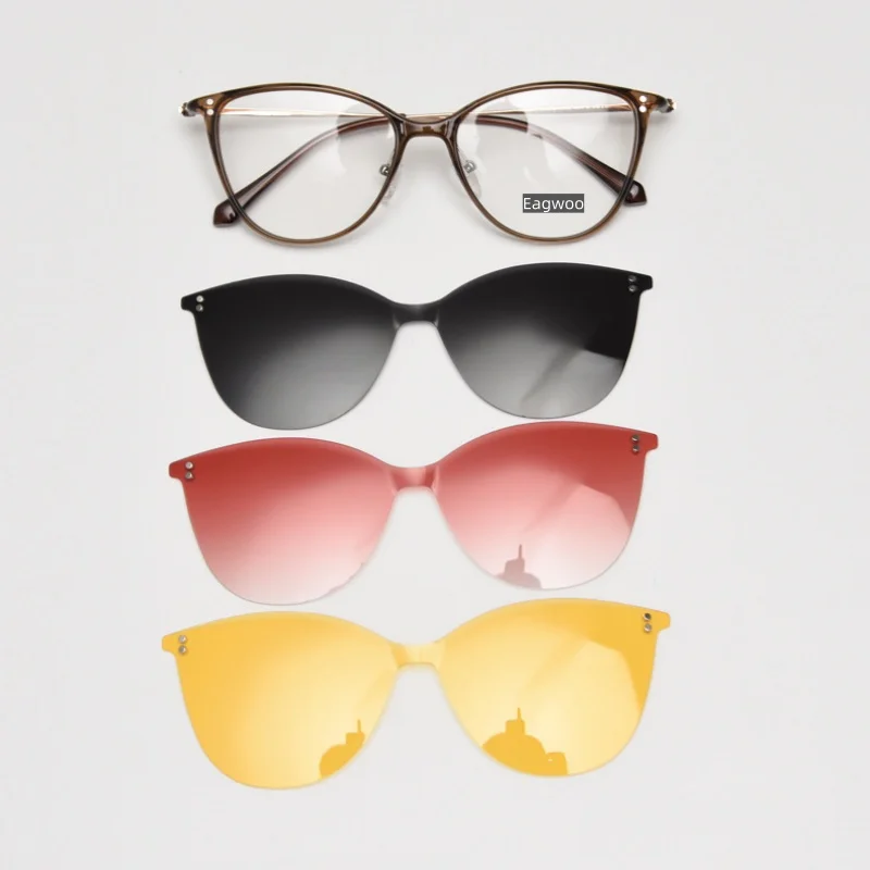Cat Eye Eyeglasses Full Rim Optical Frame With Sunglasses Clip And Night Driving Clip for Wide Big Face Use