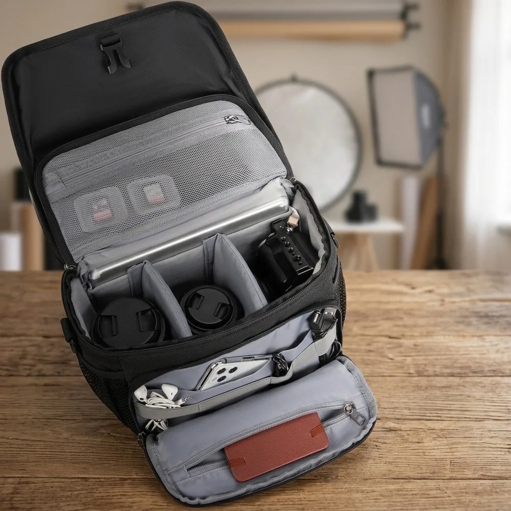 Compact Black DSLR Camera Bag 25x16x20cm Polyester Storage Case With Multiple Compartments For Lens Protection Outdoor Travel