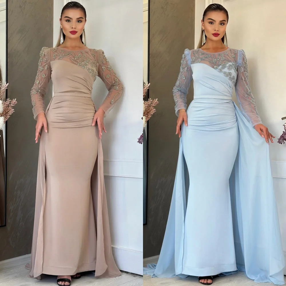 

Customized Matching Exquisite Jersey Beading Pleat Mermaid Scoop Neck Long Dresses Bespoke Occasion Dresses Modern Style Classic