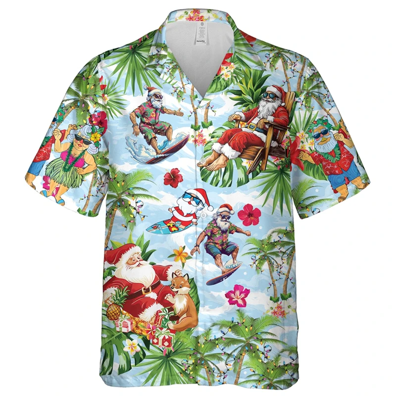 Hawaiian Shirt Children Summer Girl Clothes Tops Turndown Collar Kawaii Christmas Print 2024 Kid Clothes Boy Short Sleeve Shirts