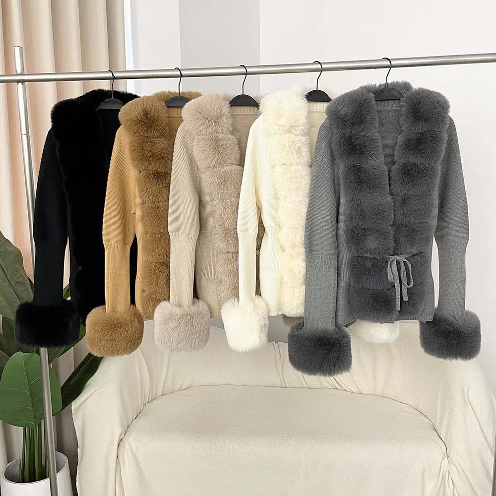 

Winter Women Knitted Sweater Bandage Fur Cardigan Detachable Collar Faux Fur Coat Luxury PatchworkJackets Faux Fur Coats