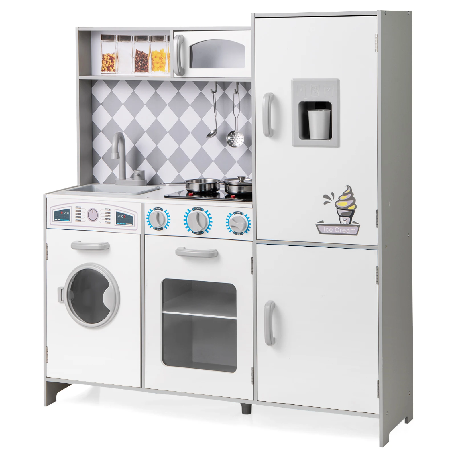 Cocina de juegos de madera para niños con cocina, lavadora, horno, microondas, accesorios de cocina