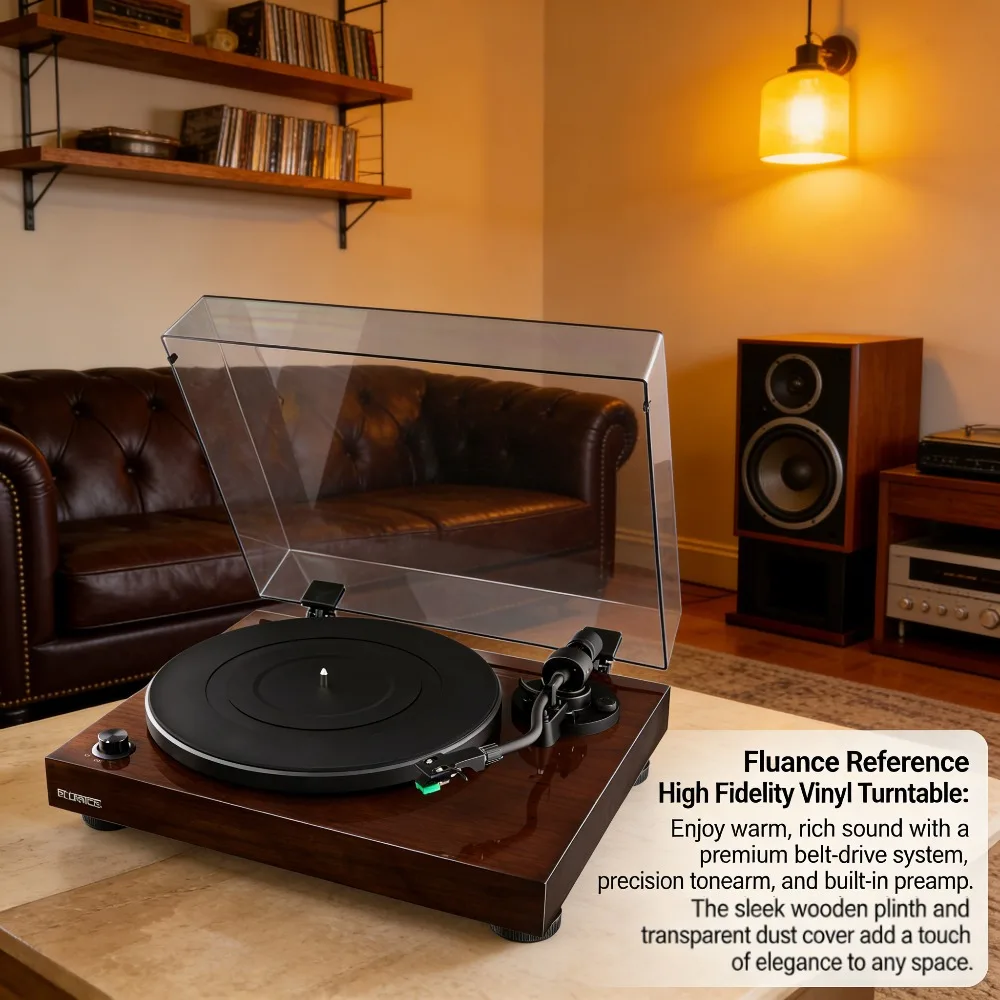 

Высококачественный виниловый проигрыватель с ременным приводом, встроенным предусилителем, регулируемым противовесом и деревянным основанием из МДФ