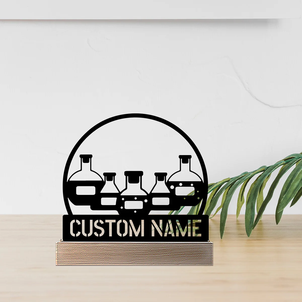 1pc Abstract Chemical instruments Custom Name Metal Statue With Wood Base Metal Ornament Metal Sculpture With Wood Base