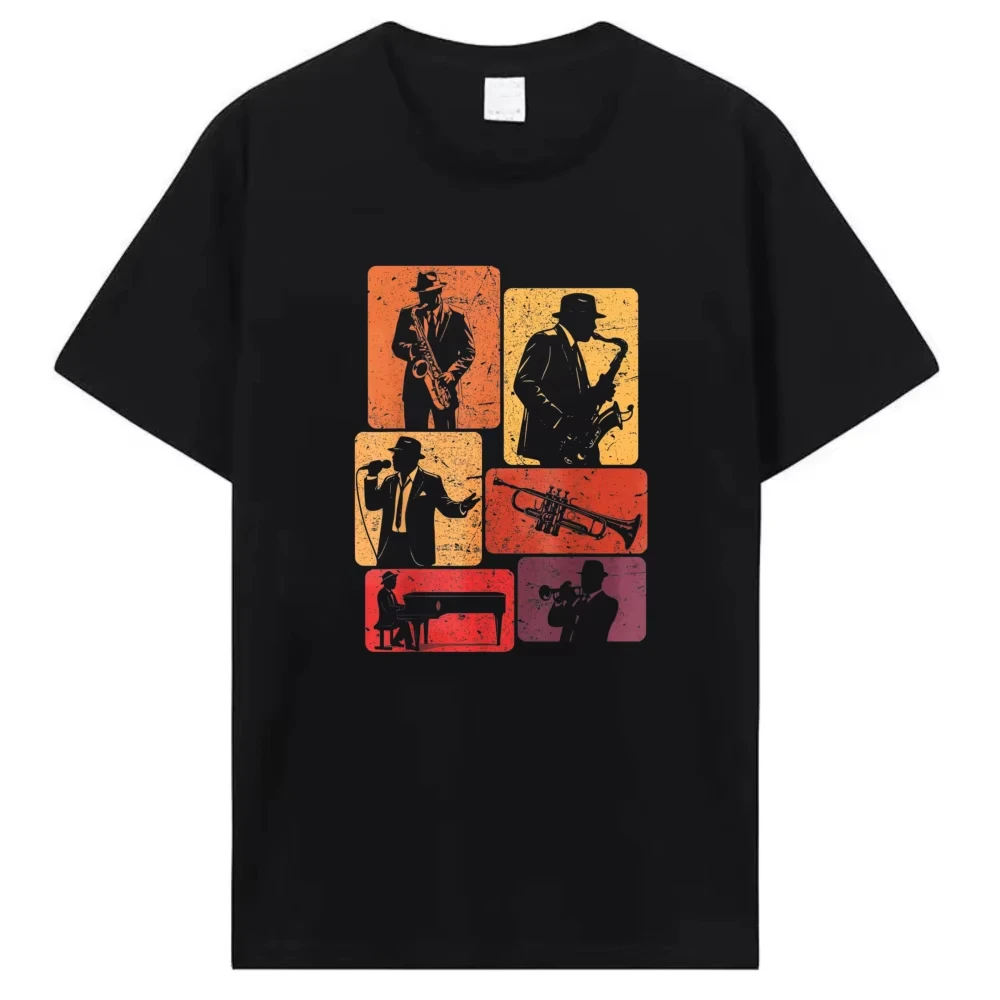 Retro Jazz Band Musicians Vintage Jazz Music Lover T-Shirt Vintage Grid Jazz Musician Silhouette Graphic Tee Blues Lover Tops