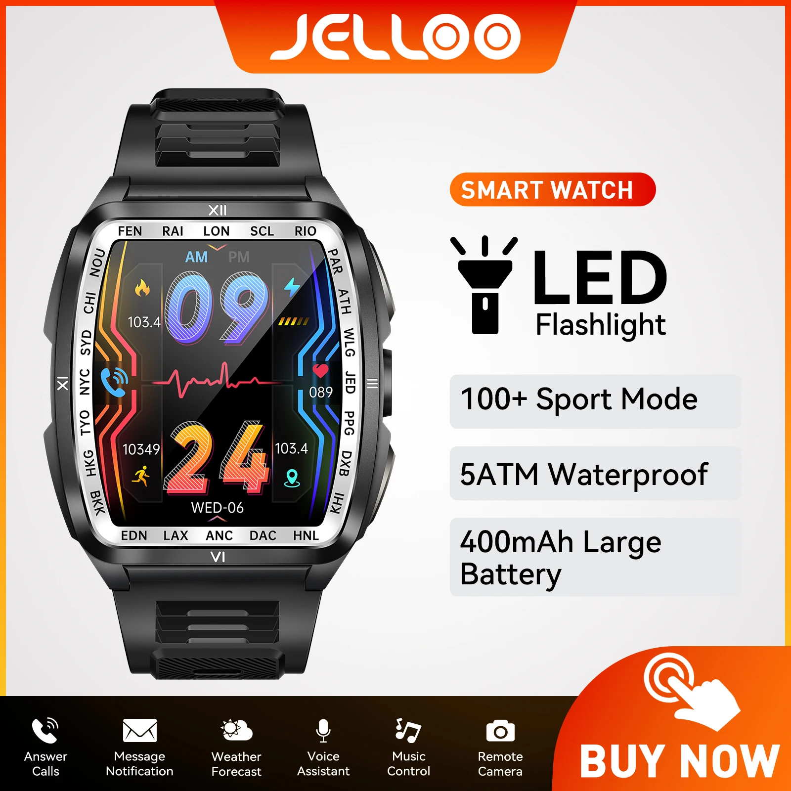 

JELLOO 2025 Smart Watches for Men with LED Flashlight 1.8" Big Screen Rugged Tactical Watch with Text and Call Fitness Tracker