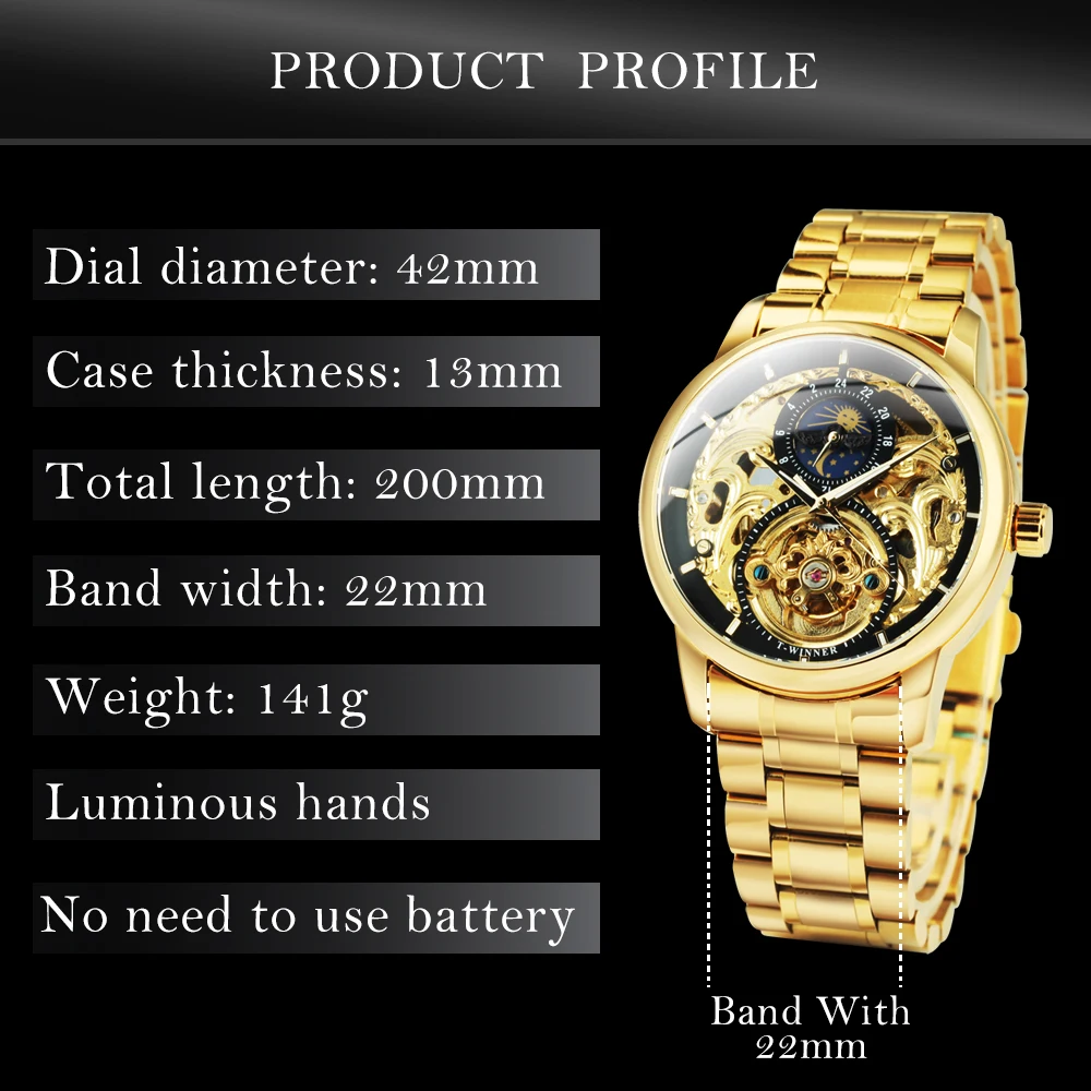 WINNER Gold Tourbillon Moon Phase Skeleton Automatic Watch for Men Leather Steel Strap Retro Luxury Brand Mechanical Watches New