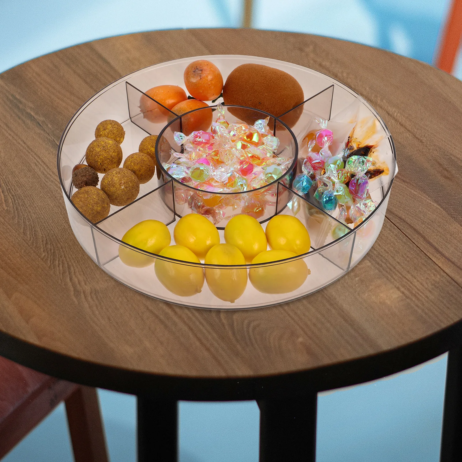 

Round Divided Fruit Box with Lid Beige Snack Organizer Tray for Living Room Coffee Table Candy Nut Storage Container