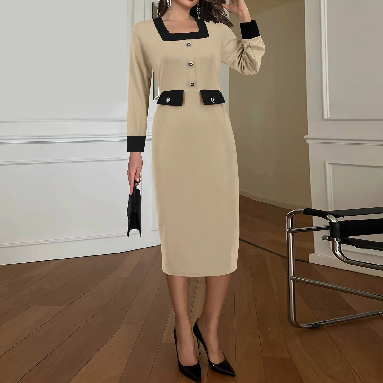 

Color Block Temperament Commuter Midi Dress Women Square Collar Long Sleeved Autumn Dresses Button Fake Pocket Pencil Dress