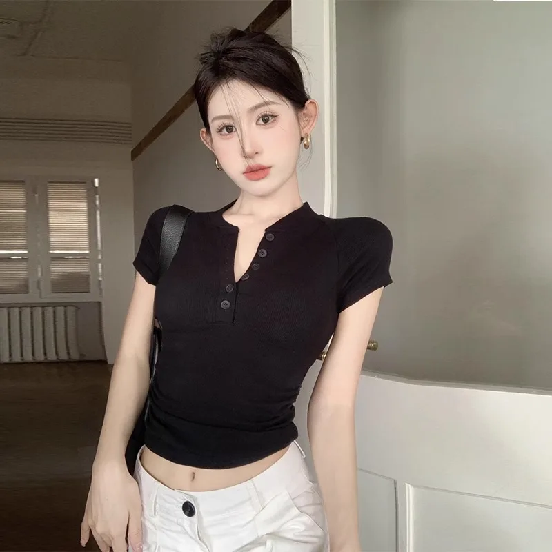 Cotton Short Sleeve T-shirt 2024 Summer Slim Short Shoulder Stand Collar Solid Color Crop Top Korean Version Women's Top
