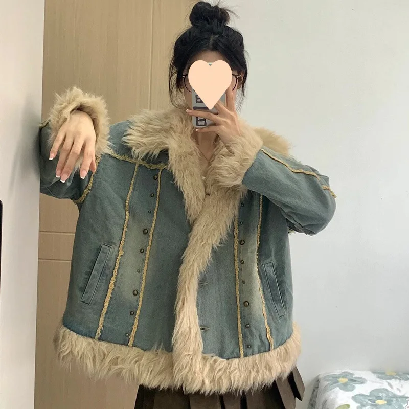 Women Parka Coat Casual Solid Jacket Distressed Long Sleeves Faux Fur Collar Thick Loose Single Breasted Office Lady 2025 Winter