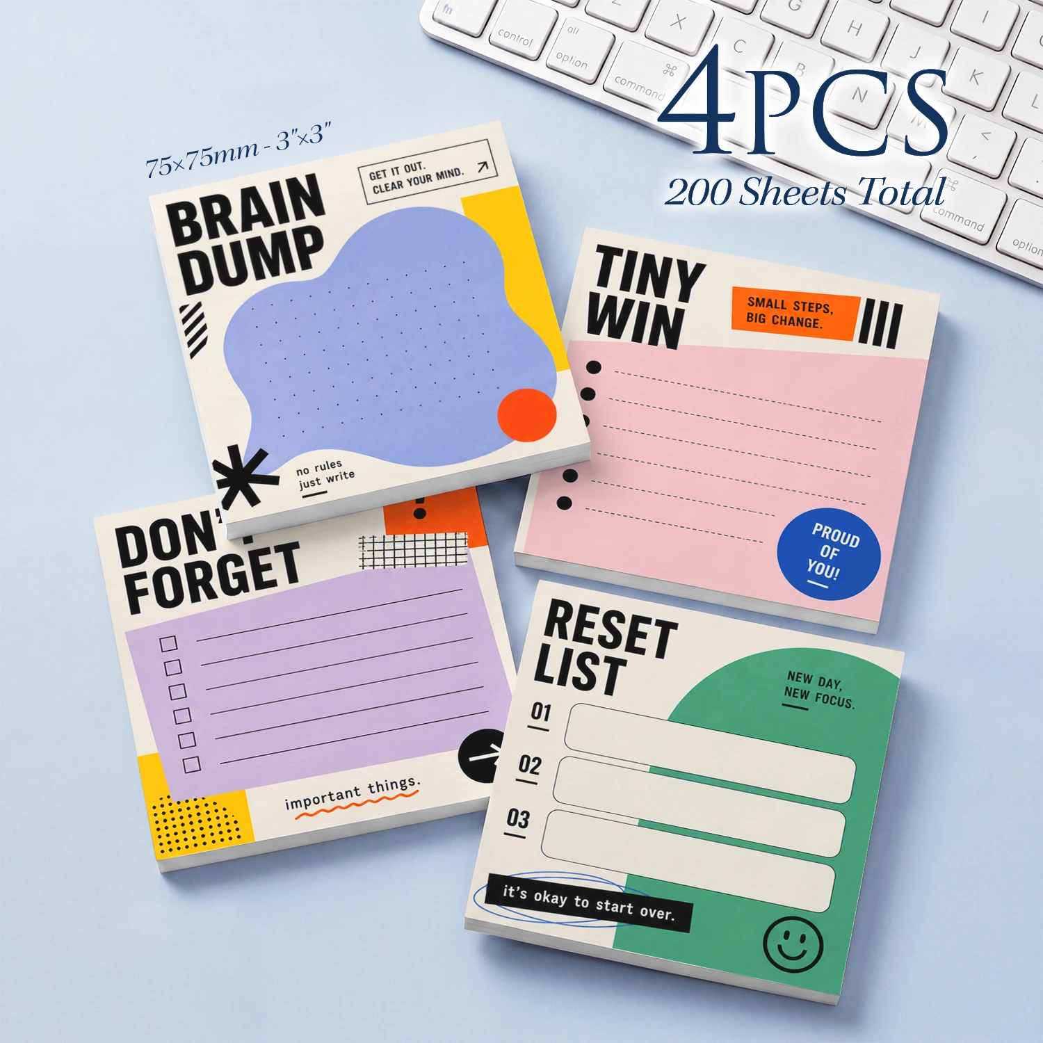 4 Pcs 200 Sheets Total Productivity Sticky Notes, 75x75mm 3x3 Inch, Brain Dump Don’t Forget Tiny Win Reset List Memo Pads