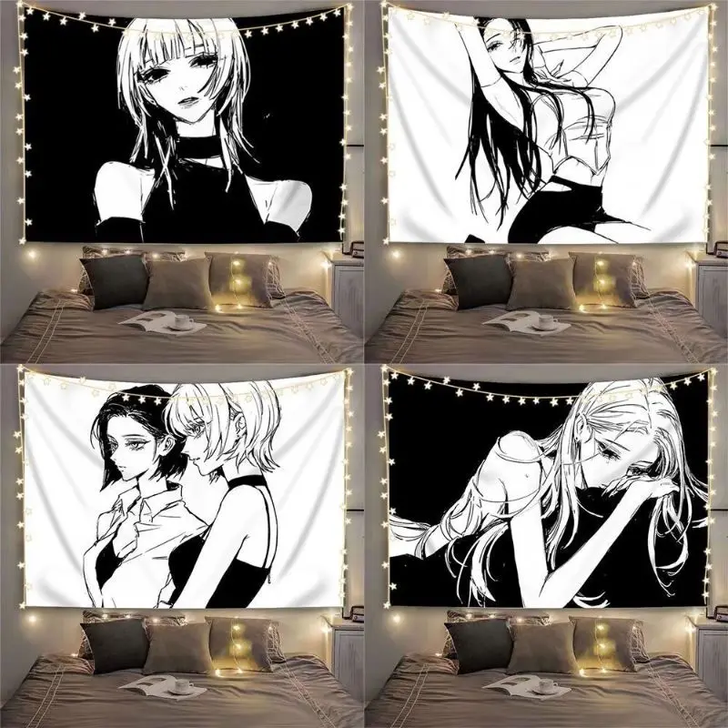 Monochrome Anime Girl Dark Sketch Portrait Wall Tapestry Wall Hanging Teen Bedroom Dorm Decor Black White Cloth