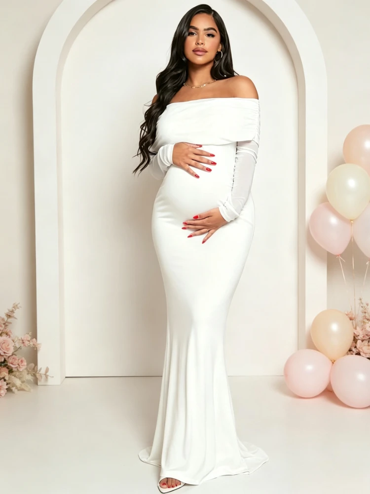 2026 Elegant Off Shoulder Long Sleeve Evening Dress Spring Autumn Solid White Bodycon Maxi Gown Vintage Slim Fit Women Dresses