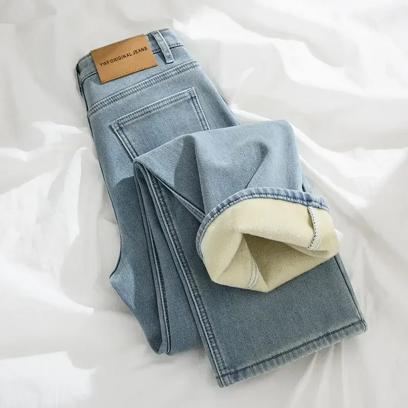 

Джинсы для женщин, брюки Y2k, светлые цвета, на флисовой подкладке, толстые прямые брюки с высокой талией, эластичные брюки для сигарет, осень-зима 2021, осень-зима