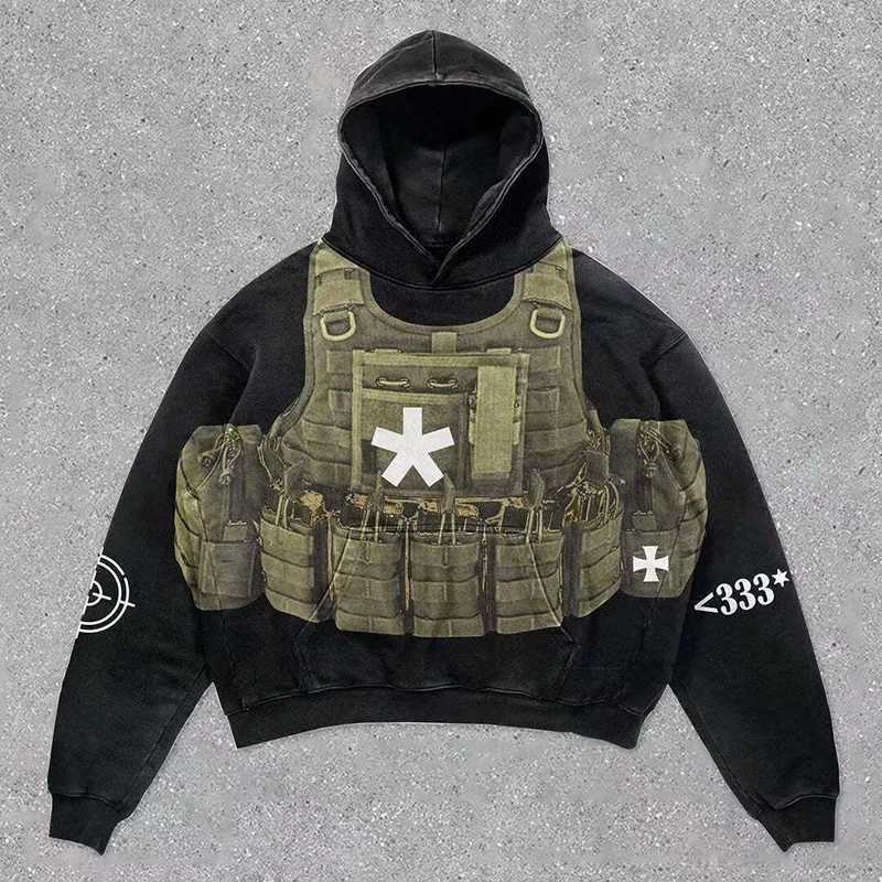 Autumn Winter Bullet-proof Vest 3d Print Men Long Sleeve Hooded Sweatshirts Street Fashion Punk 2xl Oversized Pullover Cosplay