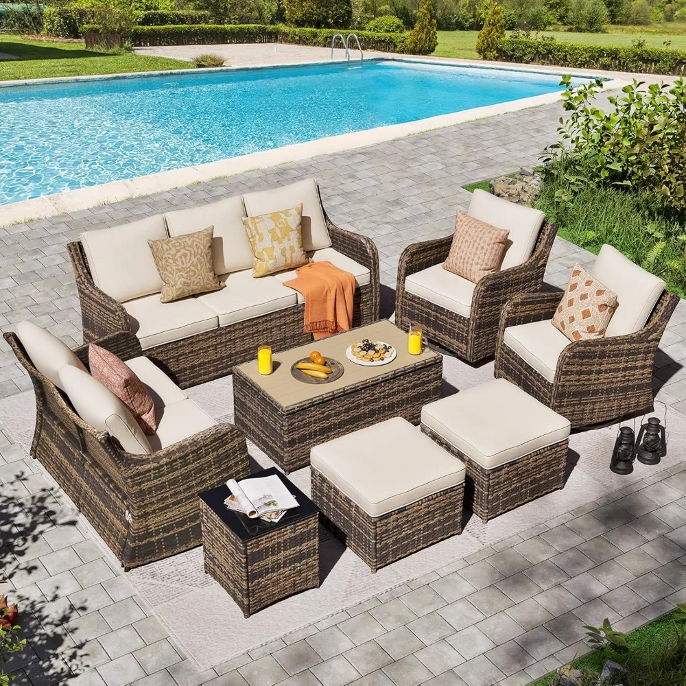 

Patio Furniture Set with Swivel Rocking Chairs, 8 Pieces Patio Conversation Set, Outdoor Wicker Sofa Couch with Waterproof Cushi