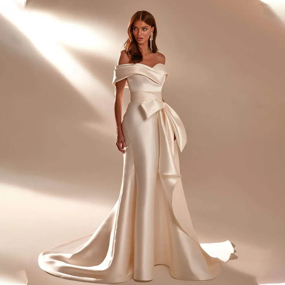 

High Quality Off The Shoulder Satin Mermaid Wedding Dresses Big Bow Custom Made 2024 Vestido De Noival