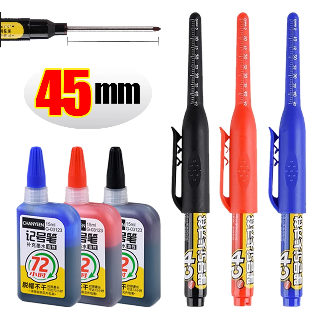 45mm Waterdichte Diepe Gat Marker Pennen Lange Penpunt Hoofd Timmerman Pen Zwart/Blauw/Rode Inkt voor Multifunctioneel Houtbewerking Handgereedschap