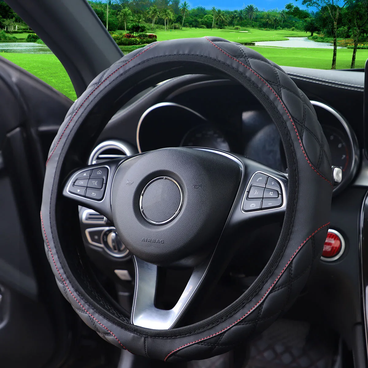 1 Leder-Stereo-Stickerei Komfortabler Rutschfester Auto-Lenkradbezug Ohne Innenring für 14,1-15 Zoll Autos – Detail 7