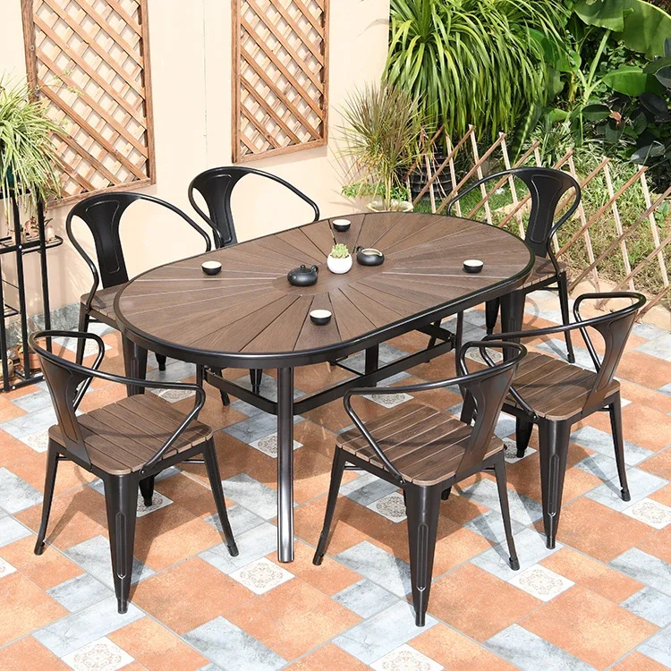 waterproof uv resistant outdoor patio furnitures coffee plastic wood table 6 chairs with umbrella