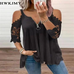 Summer New Lace Petal Half Sleeve Zipper Ladies T-Shirt for women Oversize Off Shoulder V-Neck Loose Casual Top Tee Tunic 8XL