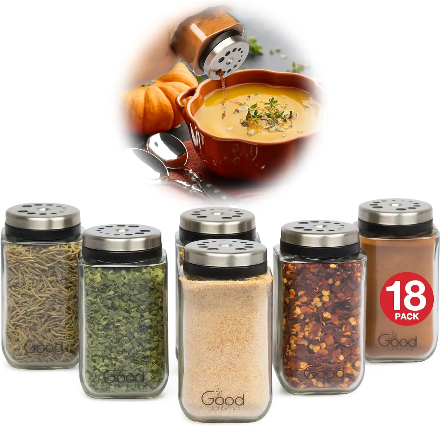 

24 Adjustable Glass Spice Jars with 6 Pouring Sizes, Stainless Steel Lids, Square Containers for Kitchen Pantry Storage