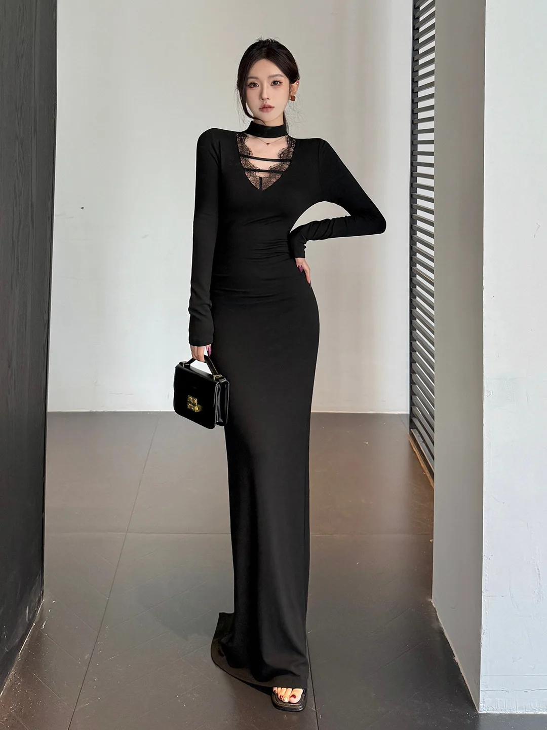 Elegante sexy preto renda-aparado vestido de noite feminino nova primavera recorte manga longa bodycon cocktail festa de luxo vestido de baile