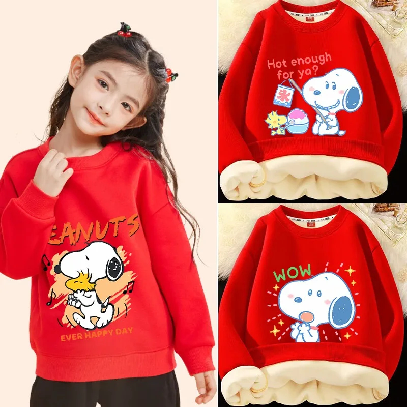 Snoopy Baby Sweatshirts Peanuts Comic Red Long Sleeved Fleece Thicken Child Crewneck Top Boys Girls Warm Fashion Kids Clothes