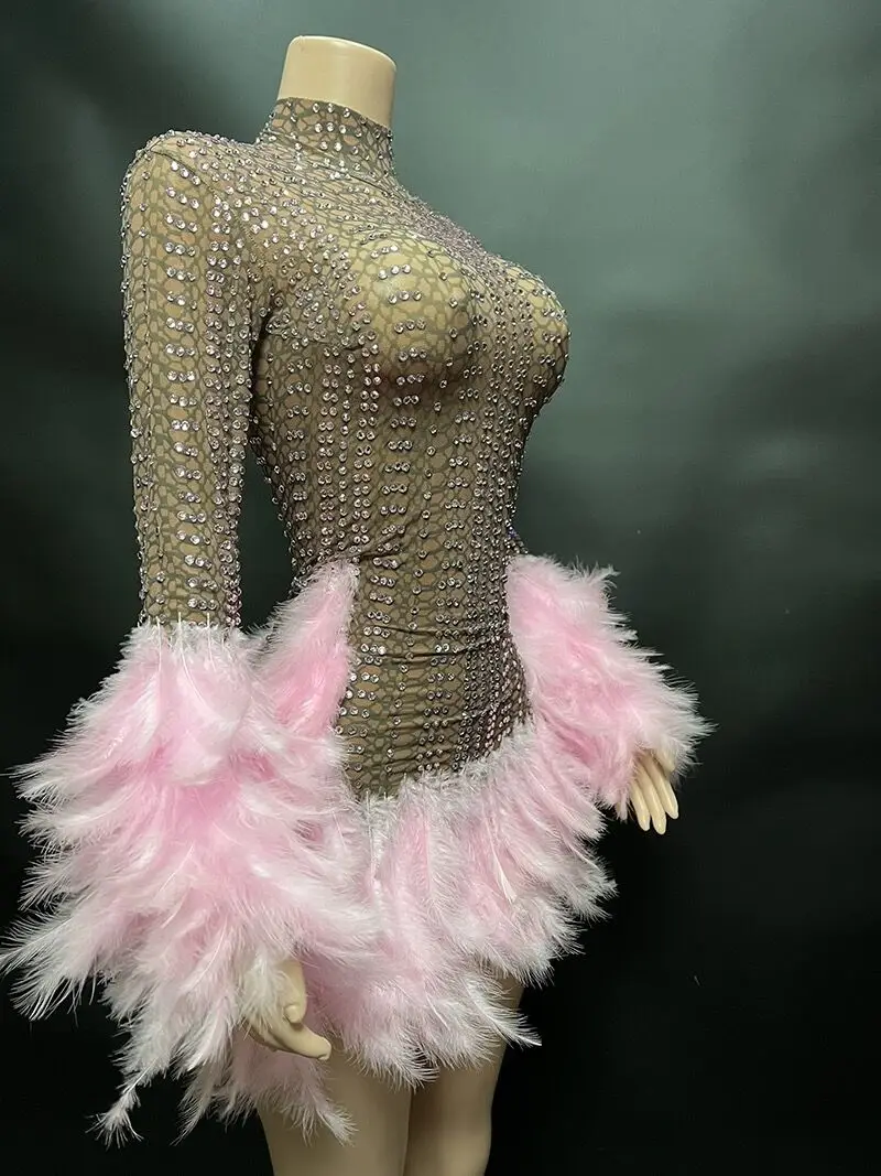 Flashing Rhinestones Pink Feathers Sexy Sheath See-Through Mini Dress Evening Party Performance Costume Bar Nightclub Stage Wear