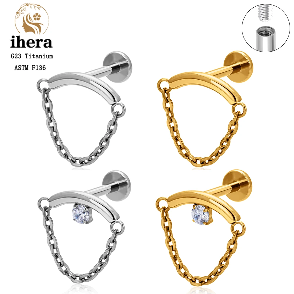 

ASTM F136 Titanium Flat Back Ear Stud 16G CZ Chain Internal Thread Tragus Cartilage Helix Conch Earring Piercing Body Jewelry