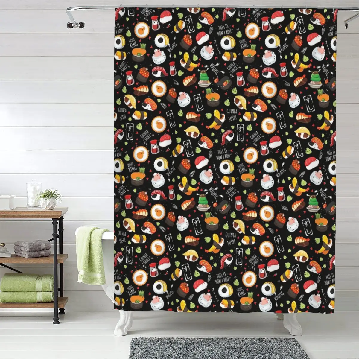 

Японская занавеска для душа с изображением морских свинок и суши на черном фоне, полиэстеровая, водонепроницаемая, с крючками