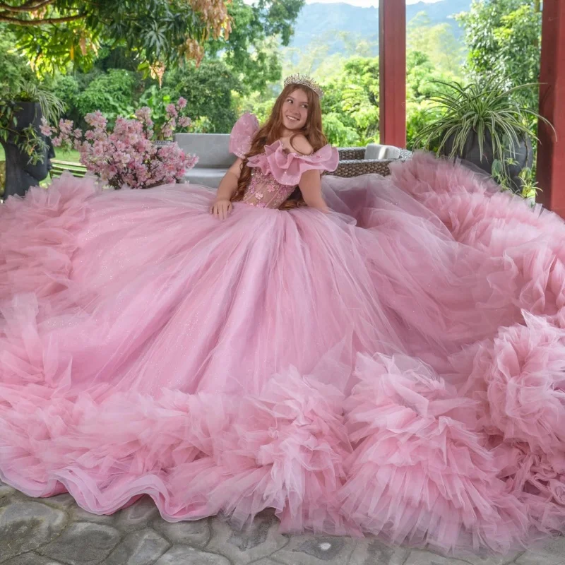 

Pink Quinceanera Dress off-shoulder Glitter Flower Decal Lace Layering Long tail Vestidos De 15 Quinceanera ﻿Customize