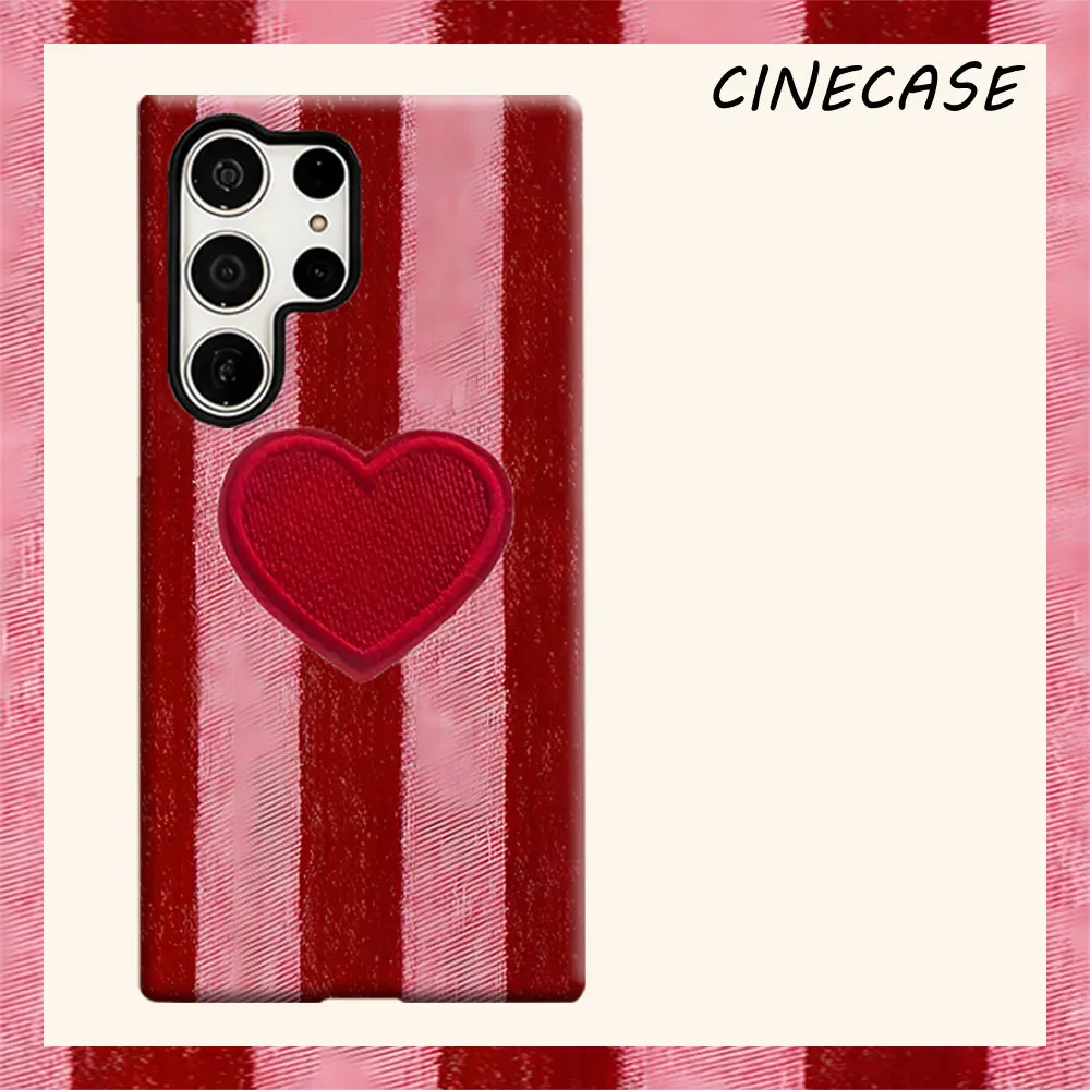 Red Stripe Heart Patch For Samsung Galaxy S26 S25 S24 A56 A36 Dual Layer Luxury Fashion Full Lens Protective Case