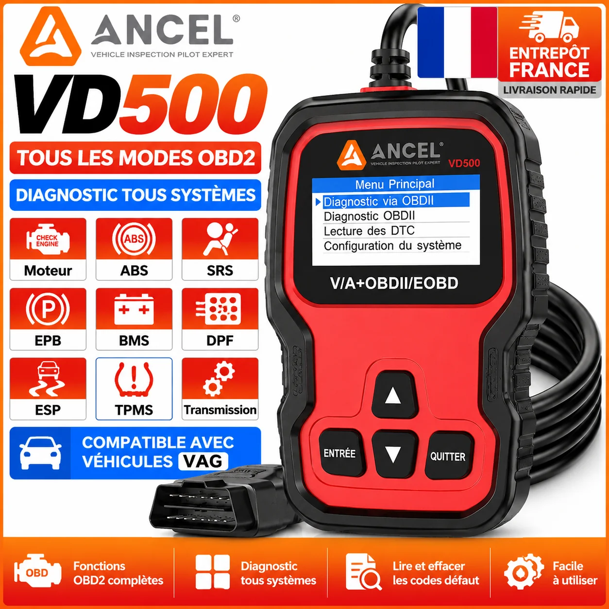 Scanner diagnostico OBD2 Ancel Vd500, strumento diagnostico per auto VW, Audi, Skoda, Seat, strumento diagnostico per tutti i sistemi con lettura e cancellazione codici di errore, ABS, SRS, EPB, reset