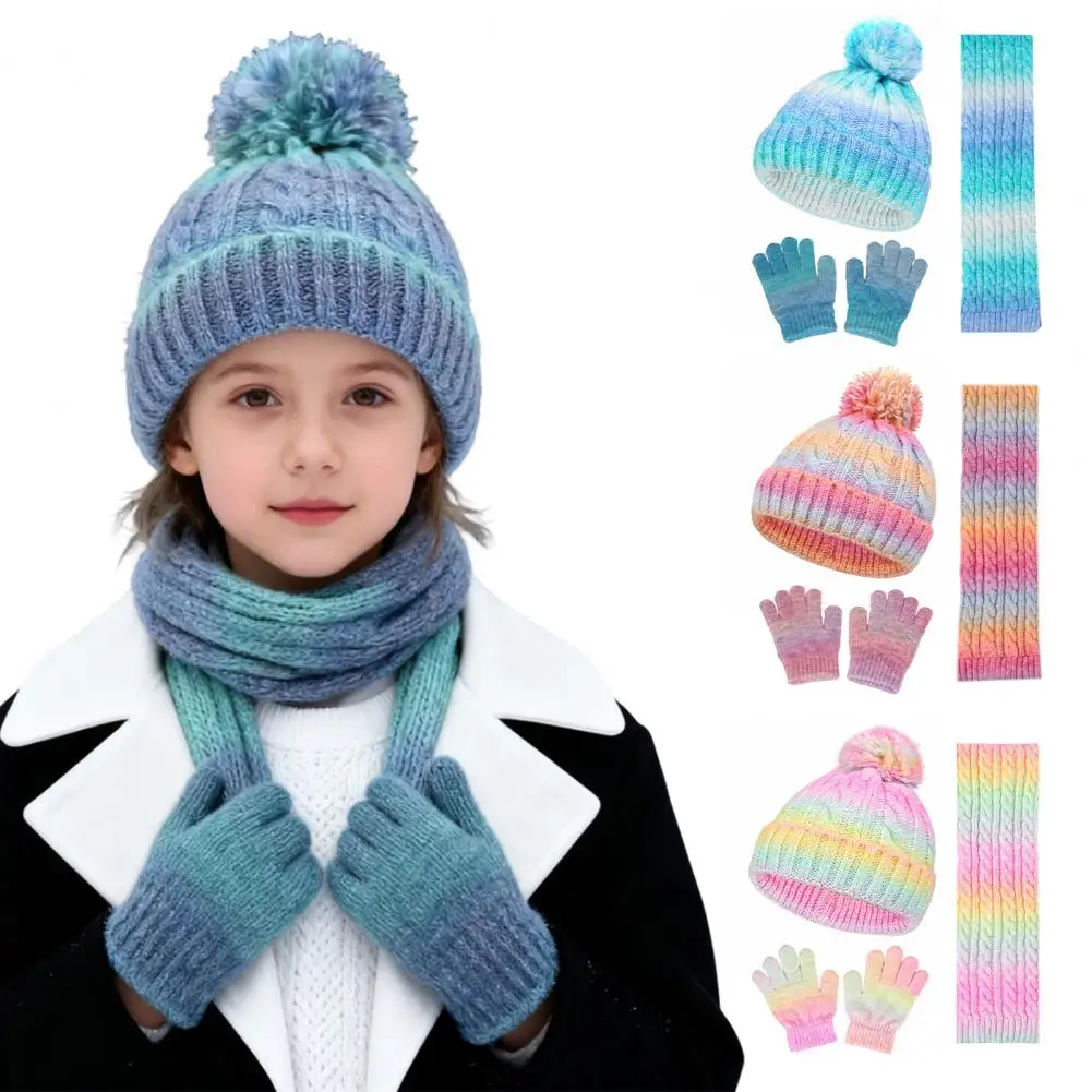 3Pcs/Set Kid Hat Scarf Gloves Set Rainbow Color Plush Ball Decor Knitted Hat Windproof Scarf Gloves Set Winter Accessories